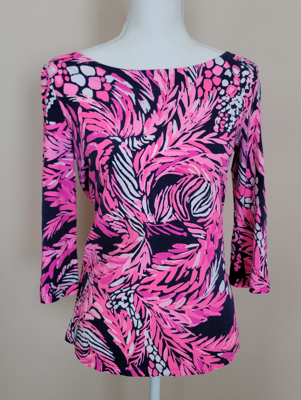 Lilly Pulitzer Waverly Pink & Navy Printed Boatneck 3/4 Sleeve Top